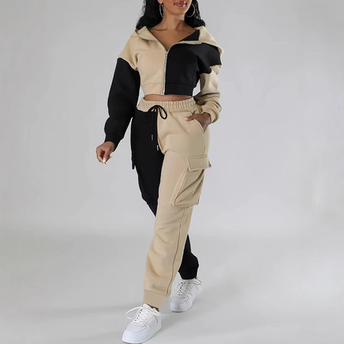 Women Fashion Splicing Hooded Jacket and Pants Two Piece Set