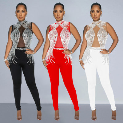 2024 new Fashion women's mesh press drill pants jumpsuit