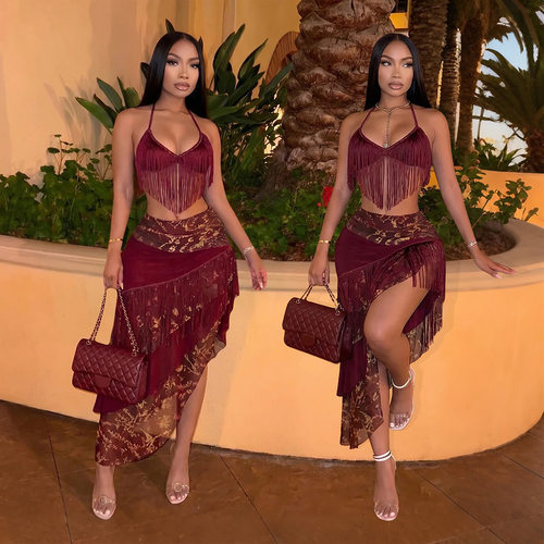 design holiday tassel tied strapless and irregular skirt set