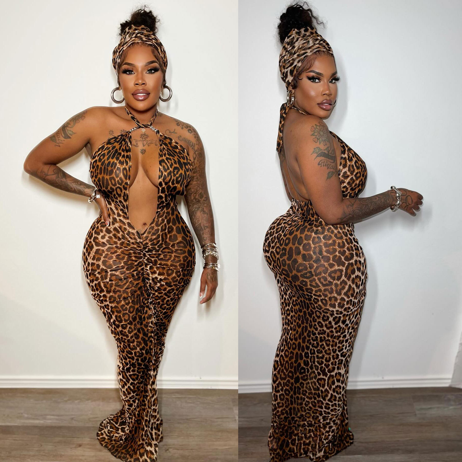 Women Leopard print dress with neck hip skirt 包臀豹纹连衣裙