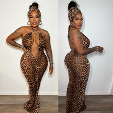 Women Leopard print dress with neck hip skirt 包臀豹纹连衣裙