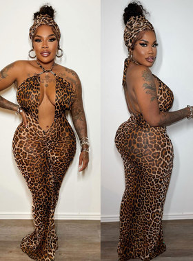 Women Leopard print dress with neck hip skirt 包臀豹纹连衣裙