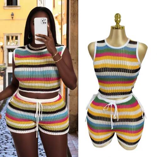 2026 Hollow vest top hip shorts knitted beach two-piece set