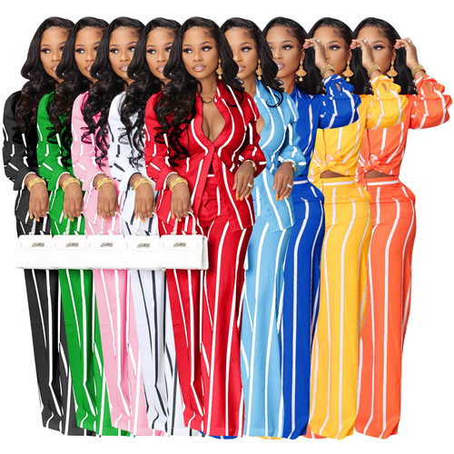 Women printed striped shirt straight leg pants two-piece set