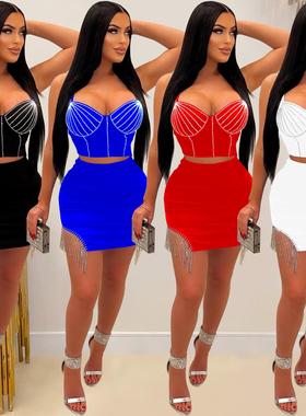 bling nightclub two-piece women sequin singlet tassel skirt