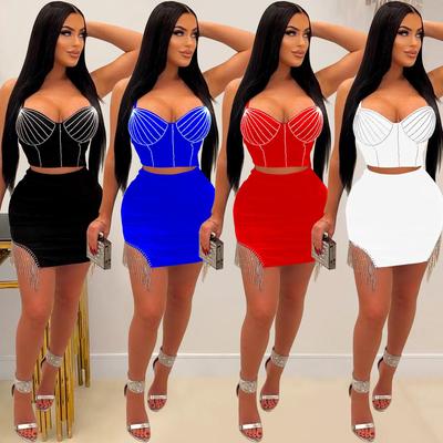 bling nightclub two-piece women sequin singlet tassel skirt
