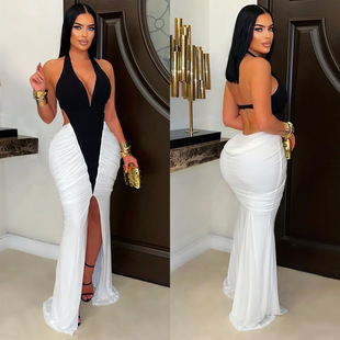 neck backless slit arm flared sexy dress women Fashion
