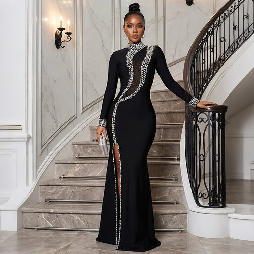Fashion high neck split diamond hot stamping women's dress