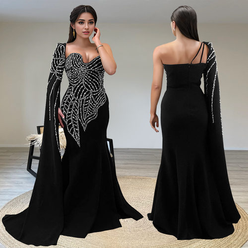 女装ebay烫钻连衣裙黑色鱼尾披肩长袖 fishtail skirt Hot Drill