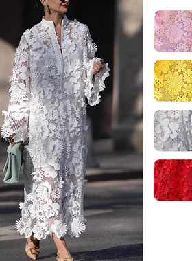 Fashion women's hollowed out round neck long sleeved dress