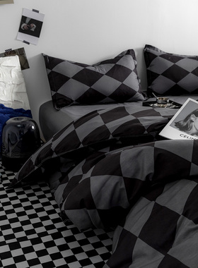 北欧简约风灰色菱格ins床上四件套格子床单被套学生宿舍三件套4
