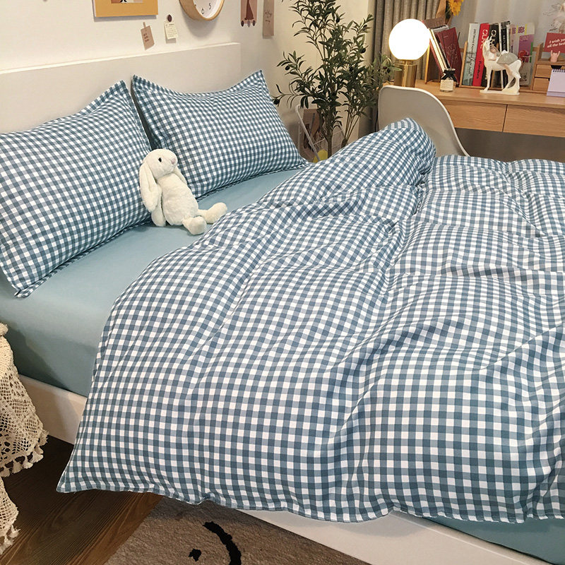 蓝色格子水洗棉四件套男女生单人双人床单被套宿舍床上用品三件套