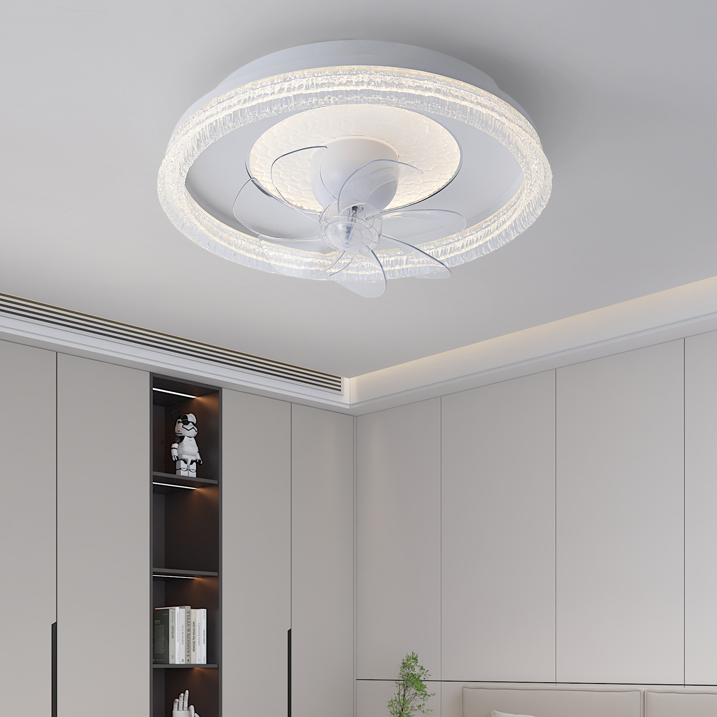 2025新款卧室风扇灯高级感轻奢水晶高档灯具房间吸顶灯摇头全光谱