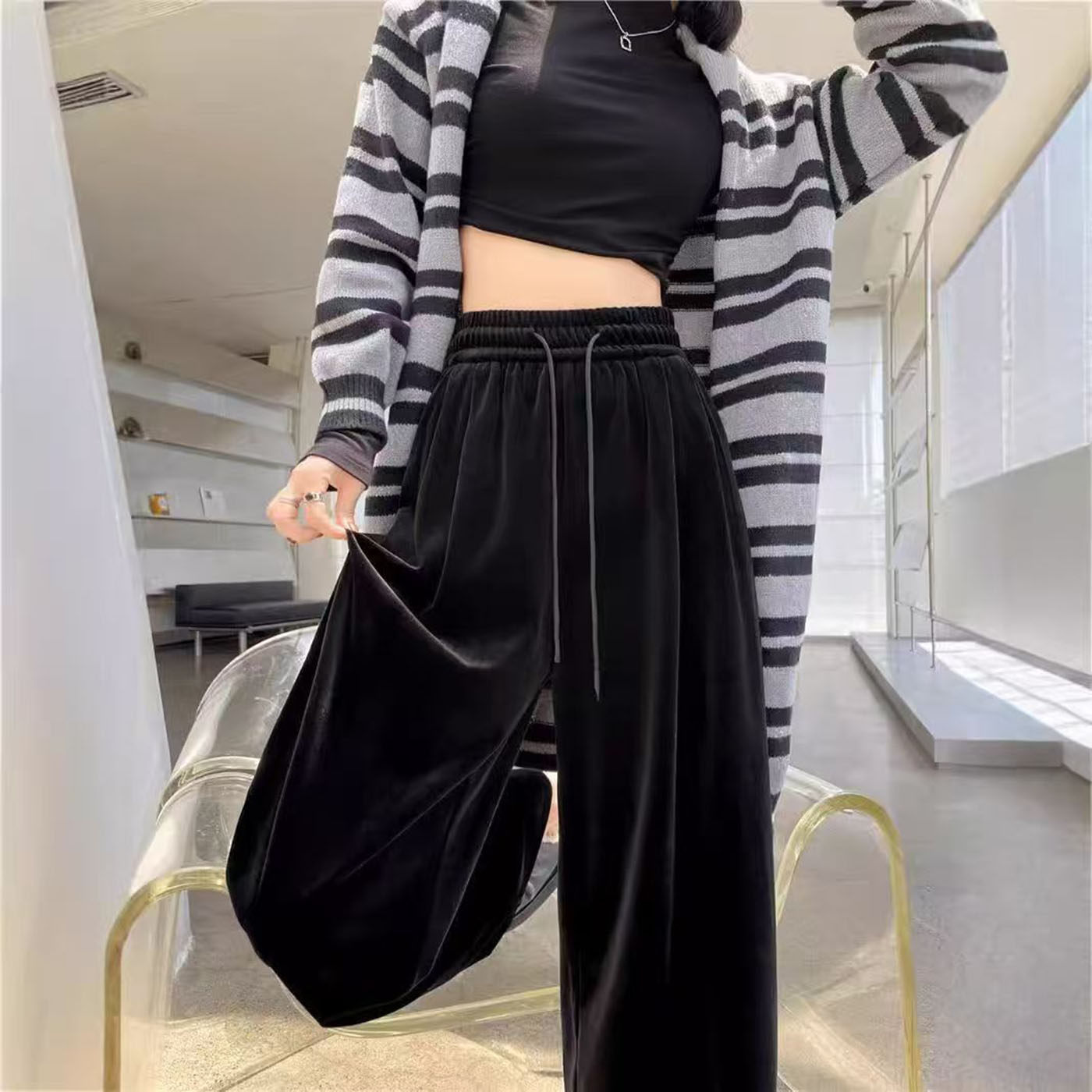 春秋冬季新款阔腿裤女高腰垂坠感金丝绒运动休闲宽松直筒长裤子潮