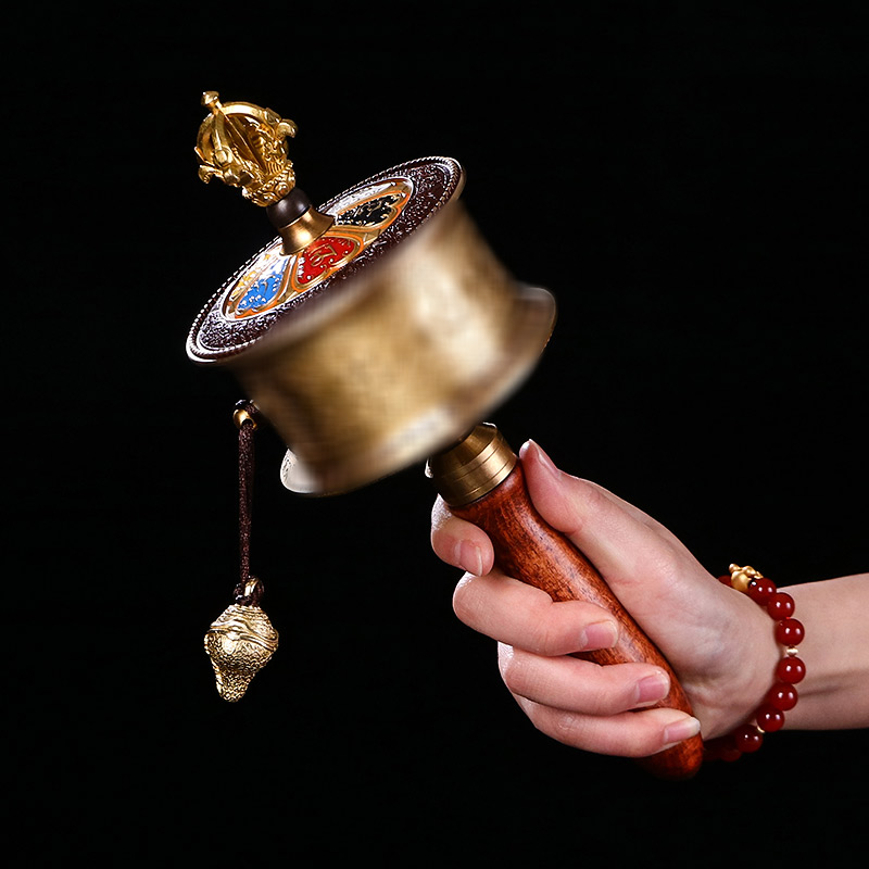 藏式手摇转轮随身手动纯铜八吉祥浮雕铜材手摇转筒家居摆件民族