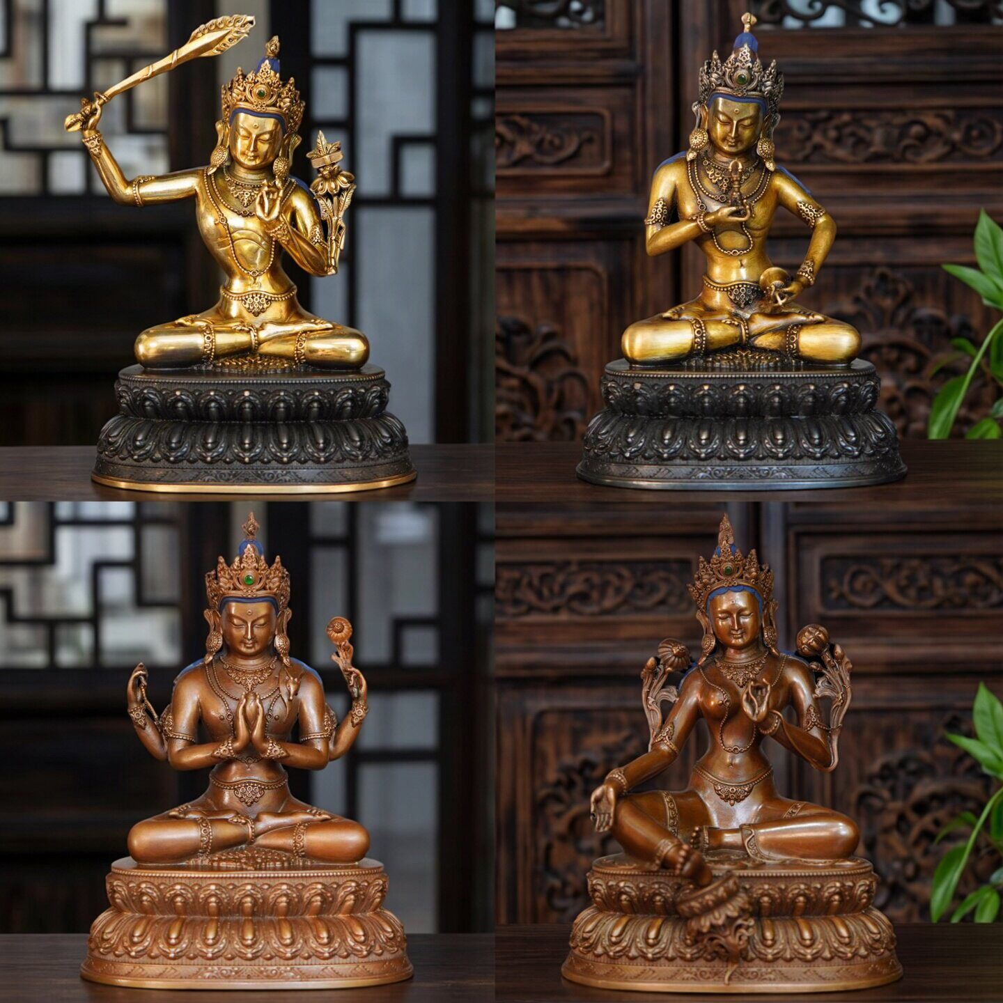 紫铜仿古金色绿度母文殊金刚萨埵大白伞观音车载随身小佛像摆件