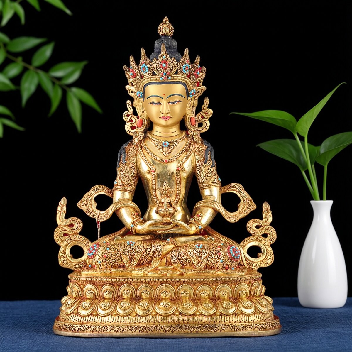 长寿佛铜佛像摆件尼泊尔纯铜手工塹刻居家供奉铜鎏金造像33.5cm