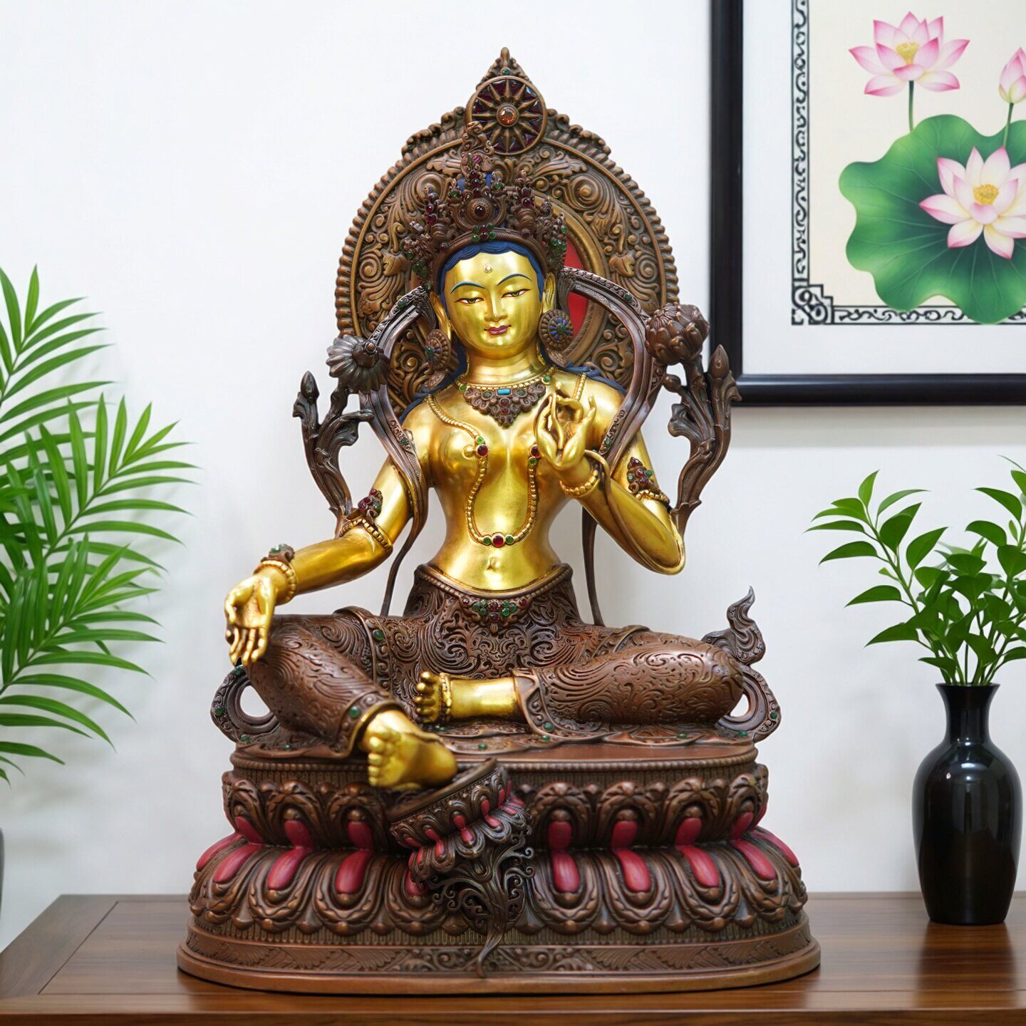 尼泊尔工艺紫铜鎏24k真金绿度母佛像 纯铜手工錾刻装饰供奉摆件