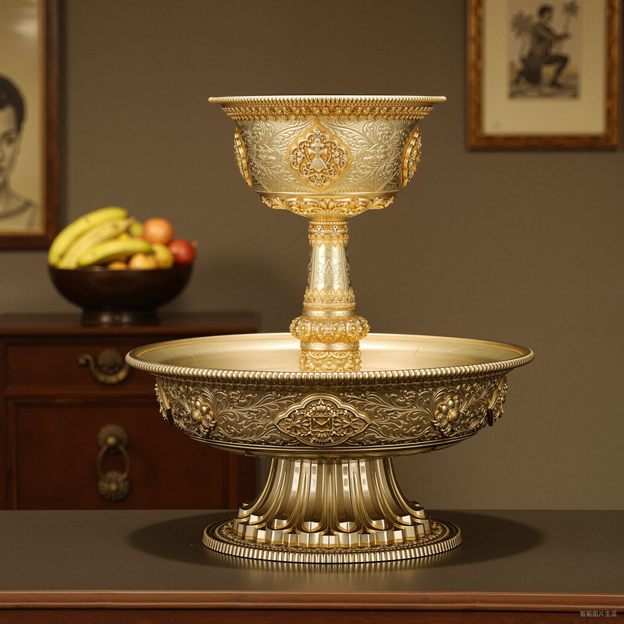 家用供具佛前圣水杯供水黄铜八吉祥高脚雕花丝护法杯民族供水杯