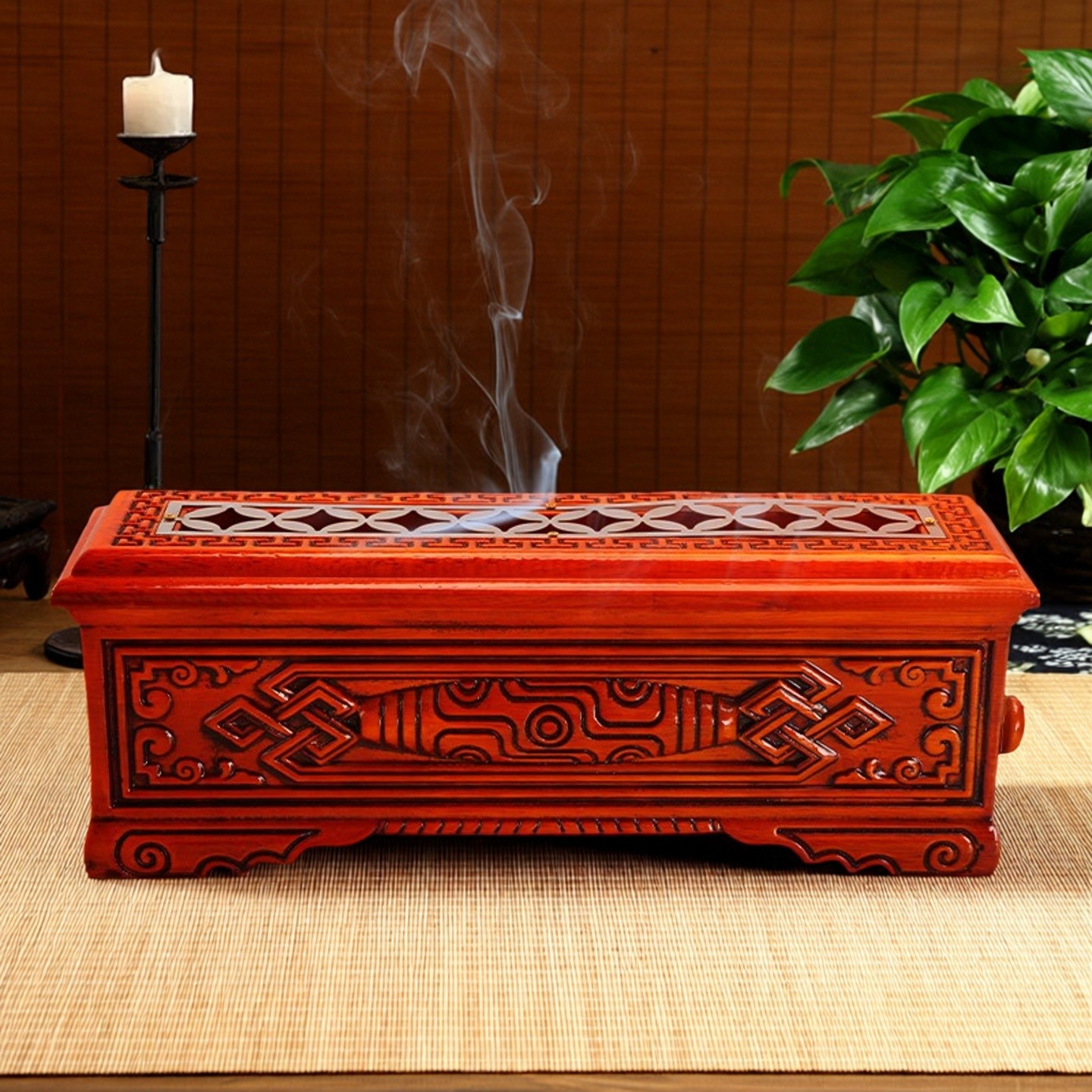 实木天珠雕花线卧香炉橡木薰香炉