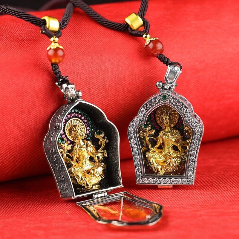 精工S925银铜镀金绿度母菩萨吊坠嘎乌盒绿度母佛像随身嘎乌盒项坠