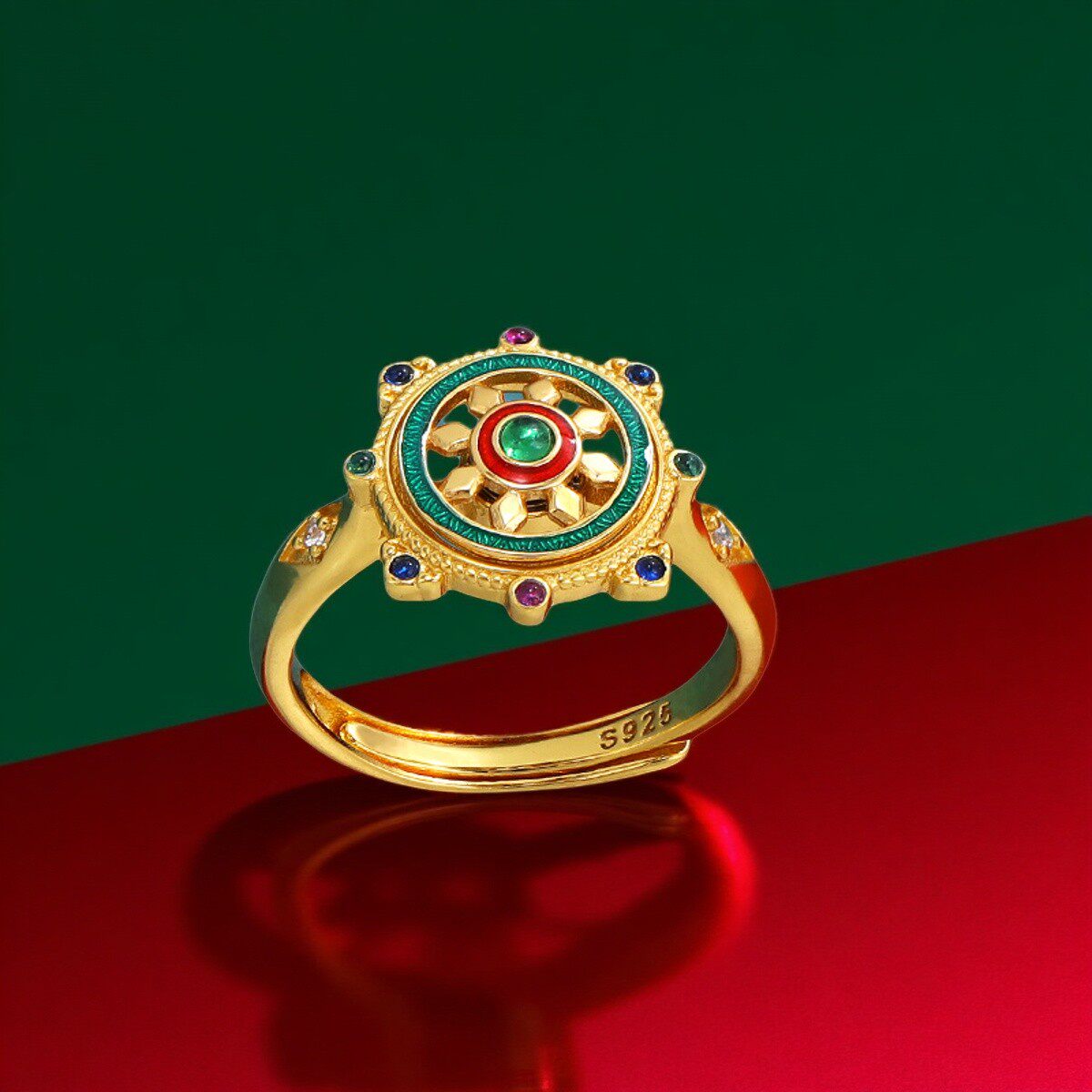 民族风S925纯银镀金可转动吉祥金轮戒指精美开口法轮戒指小众礼物