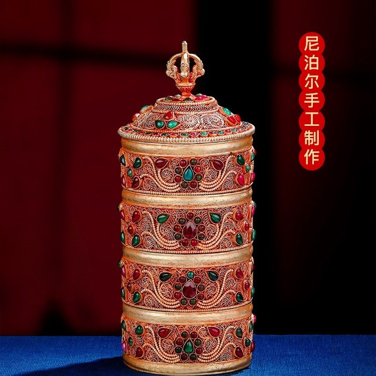 尼泊尔手工掐丝铜米盒镶嵌宝石佛前供奉供具用掐丝米罐摆件19.5cm
