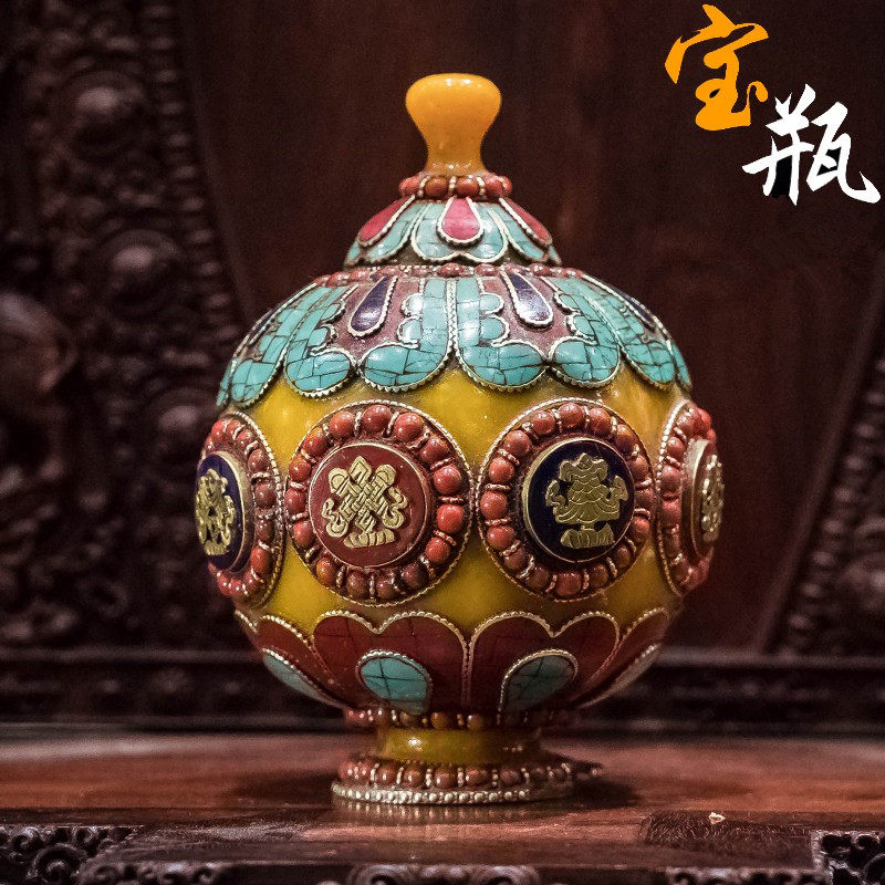 尼泊尔铜镶嵌彩石八吉祥宝瓶摆件