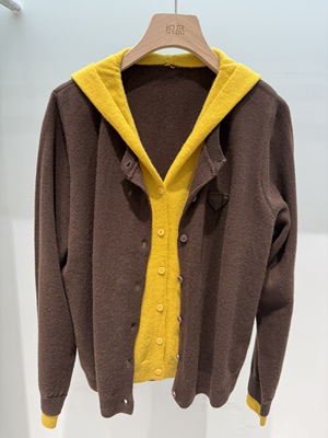 100%羊毛拼色毛衣开衫女2025秋季新款连帽针织衫外套上衣