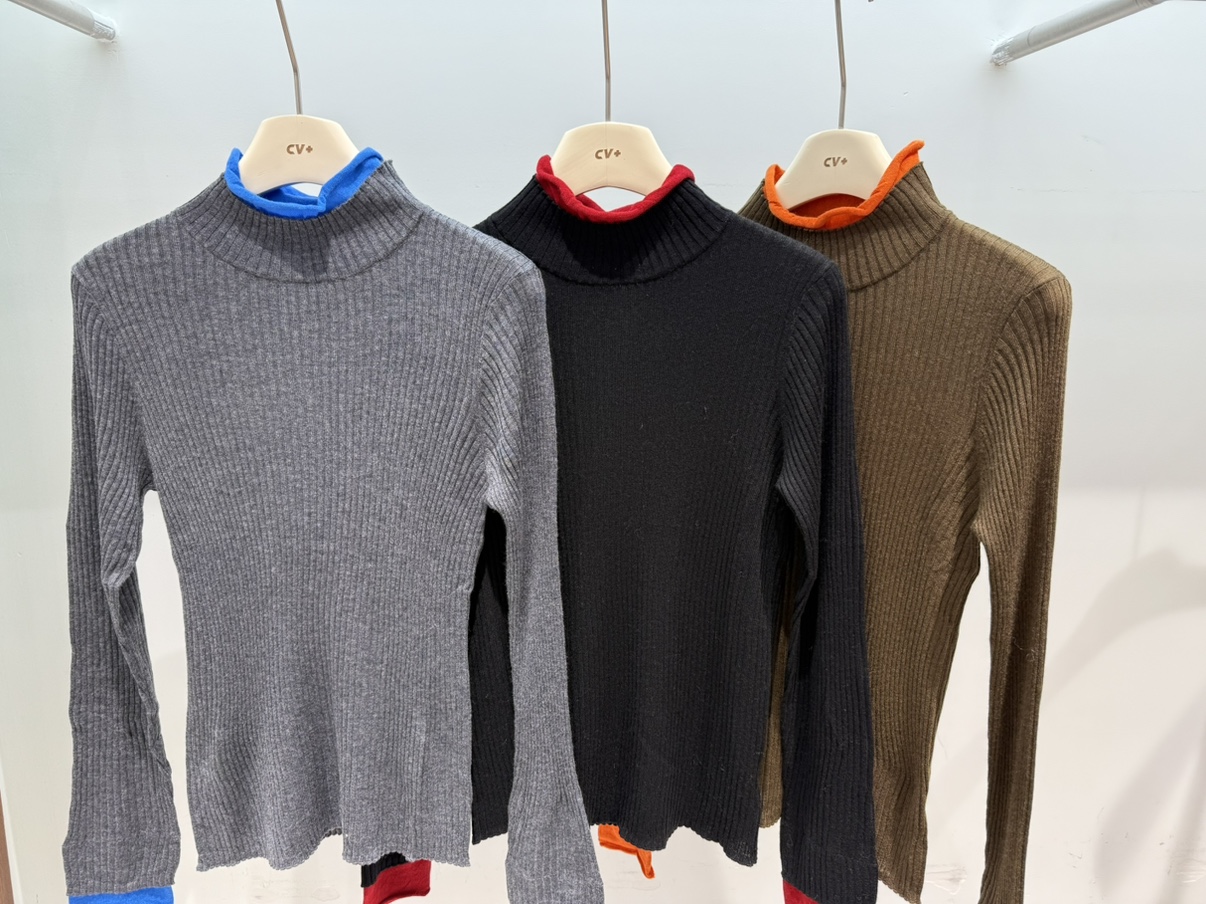 100%羊毛双层领高领堆领拼接撞色螺纹修身打底衫2025新款修身针织