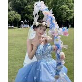 外景森系婚纱照道具蓝色绣球花朵弓箭粉色粘花蕾丝蝴蝶结竹木弓箭