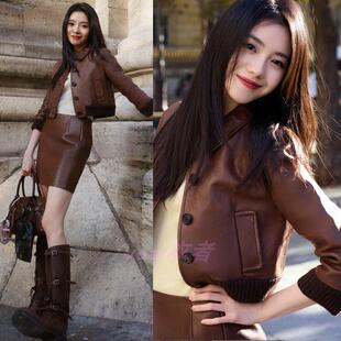 明星杨紫刘浩存同款套装皮衣棕色外套夹克皮短裙2024新款秋冬女款