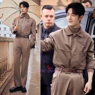 明星肖战米兰时装周同款时尚套装男装新款夹克长裤卡其色春秋外套