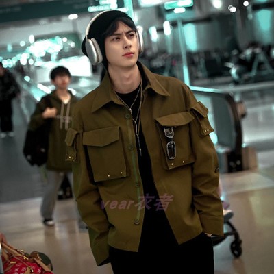 翻盖口袋工装铆钉点缀棉质衬衫