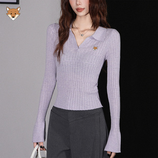 April Fox英国 小狐狸翻领长袖T恤女秋美式小个子修身显瘦收腰上