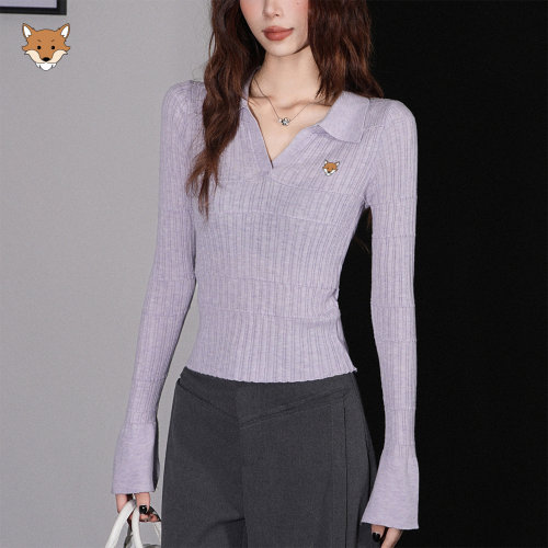 April Fox英国 小狐狸翻领长袖T恤女秋美式小个子修身显瘦收腰上