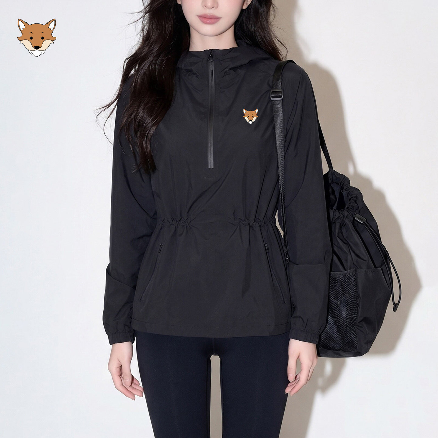 April Fox英国小狐狸黑色拉链收腰连帽外套女2026秋新款短款上衣