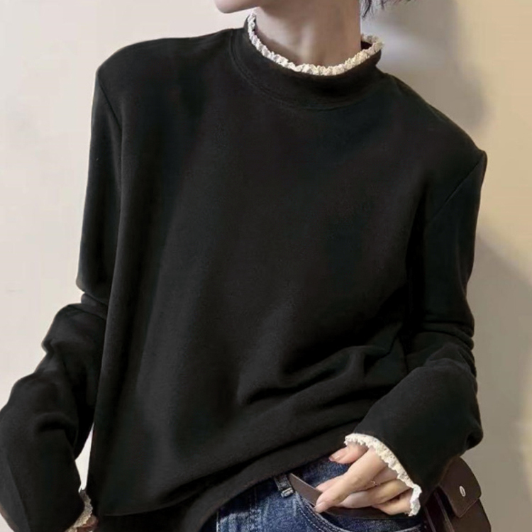 大码德绒半高领蕾丝保暖打底T恤