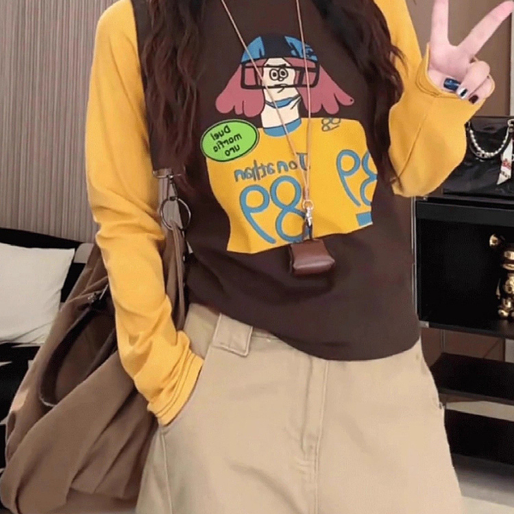 大码胖mm撞色复古印花打底衫