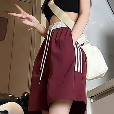 冰丝速干三条杠条纹阔腿短裤子女夏季薄款宽松大码休闲运动五分裤