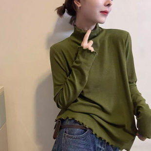 大码木耳边半高领磨毛德绒保暖打底衫长袖T恤女秋冬宽松显瘦上衣
