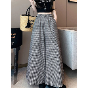 大码胖mm格子防晒速干阔腿裤裙子女夏季薄款宽松九分裤直筒运动裤