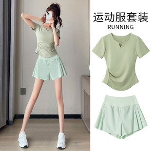 跑步运动套装女夏季2025新款速干衣健身房瑜伽服防走光短裤壁球服