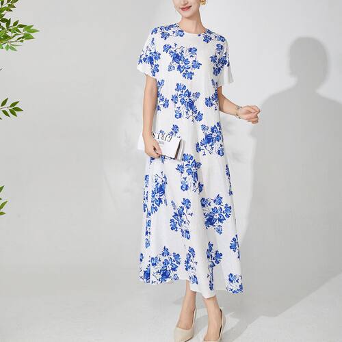 青花瓷复古国风连衣裙女长裙新中式女装夏高档褶皱裙子感优质日韩