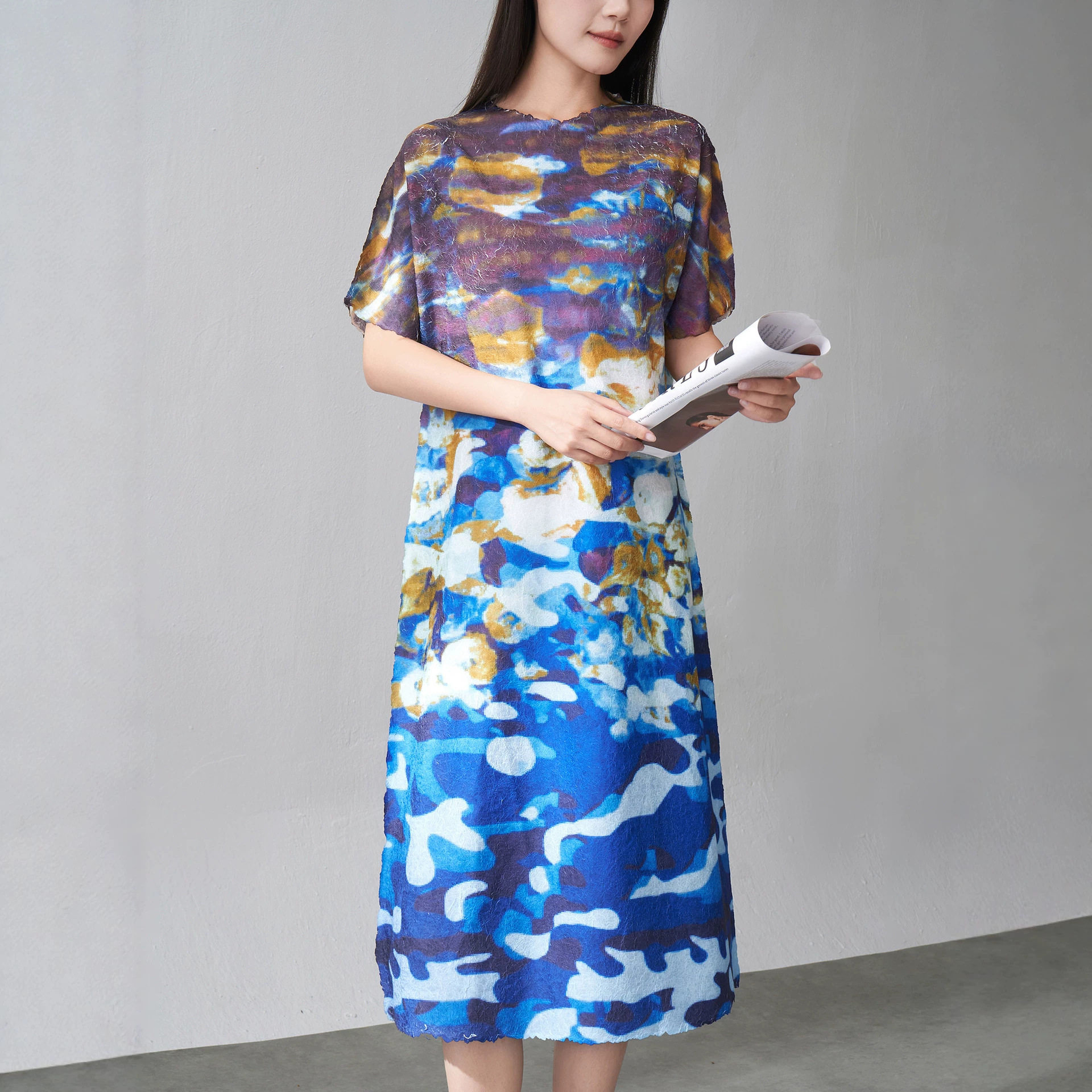 欧美印花拼色印花女士休闲裙 夏季设计感潮流短袖新款连衣裙优质