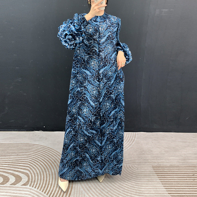 褶皱盘花袖女装宽松大码长款长袖连衣裙夏新款女优质日韩新潮精致