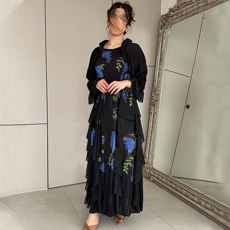 春夏新款褶皱长裙宽松大码荷叶边连衣裙新系带女优质日韩新潮精致