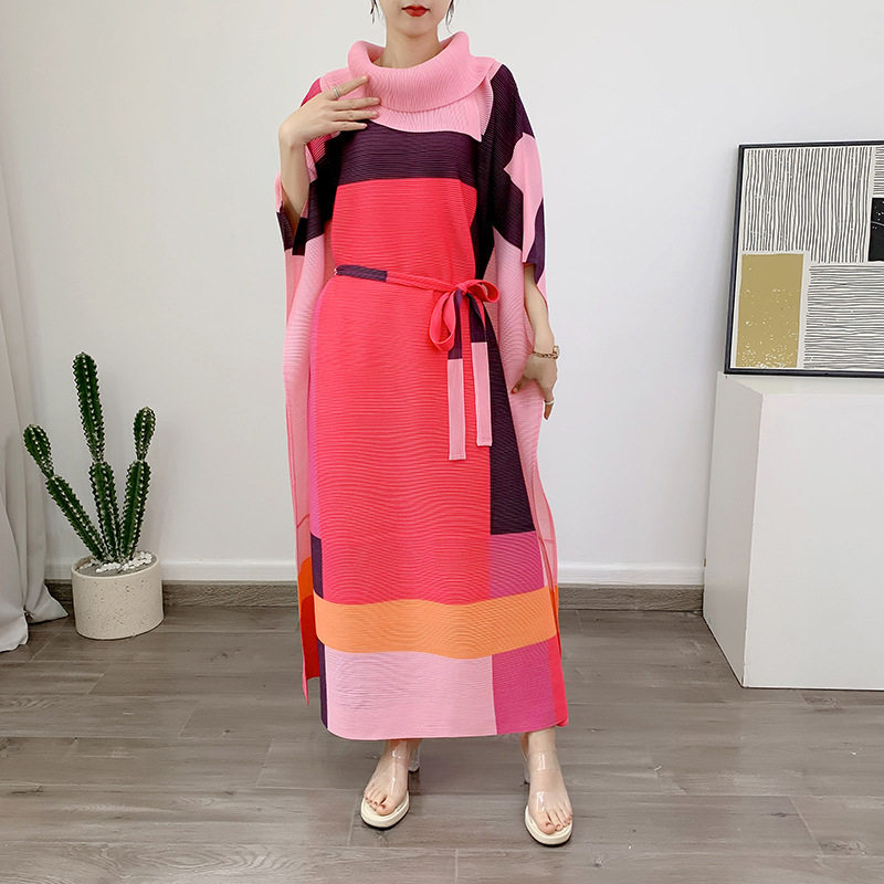褶皱长款连衣裙夏季新品系带宽松大码女裙子显瘦洋气翻领潮优质日