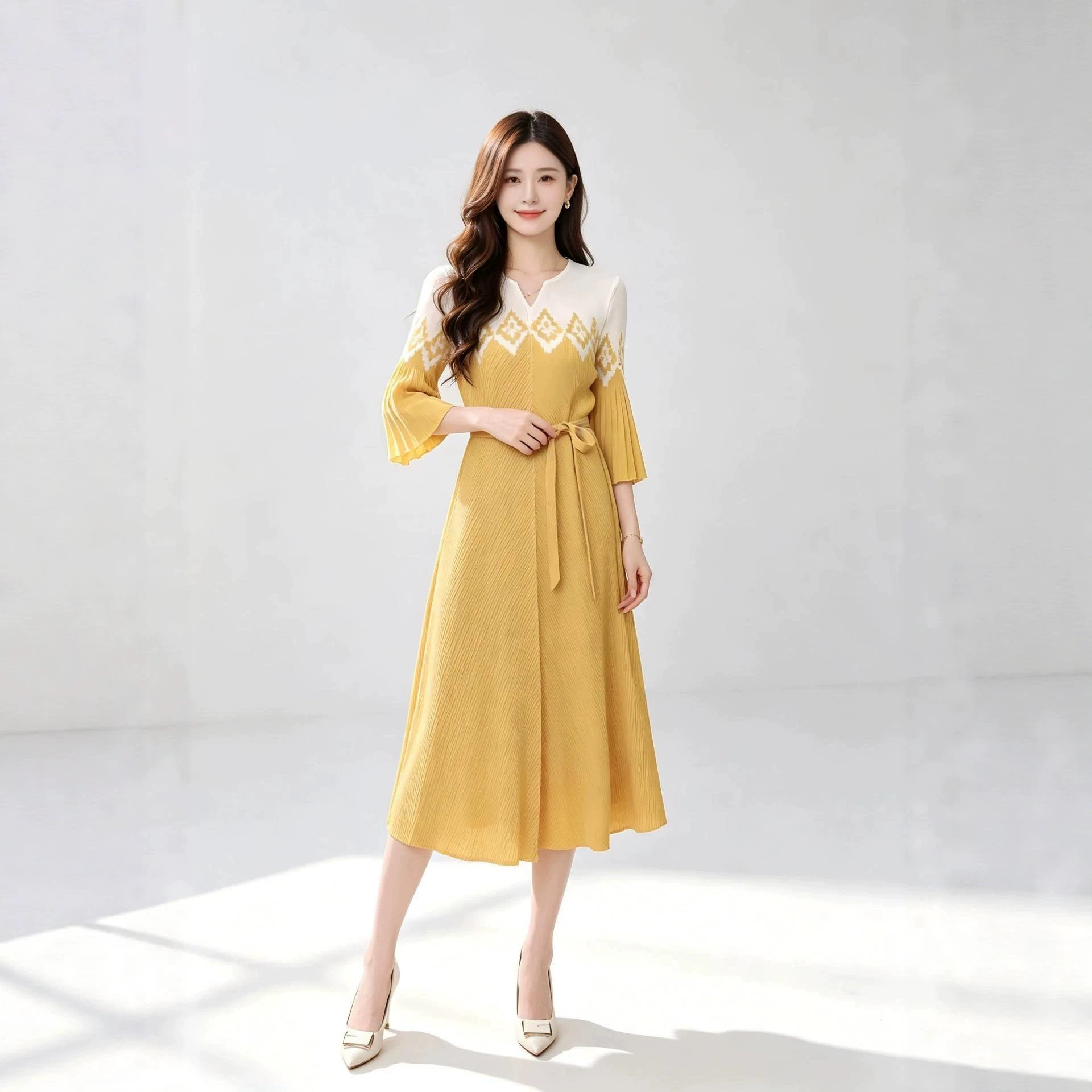 时尚设计感拼接连衣裙薄款夏新款系带褶皱喇叭袖中长款裙子女优质