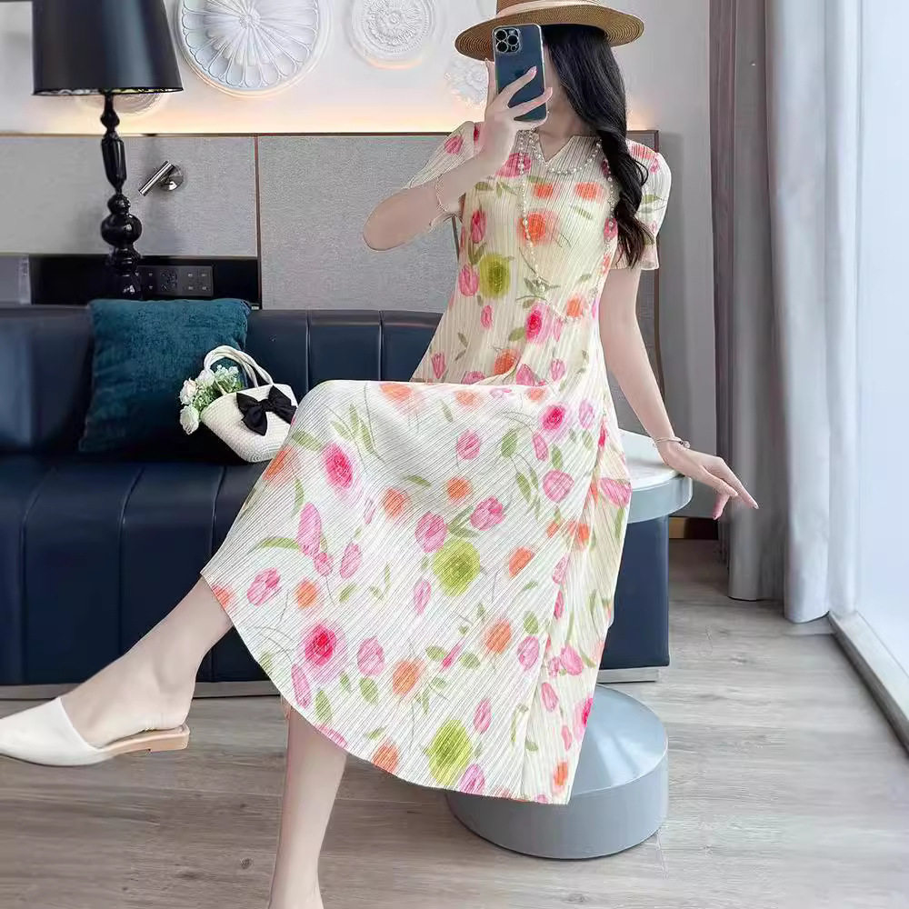 连衣裙女夏季新款气质感修身显瘦短袖印花褶皱长裙子优质日韩新潮
